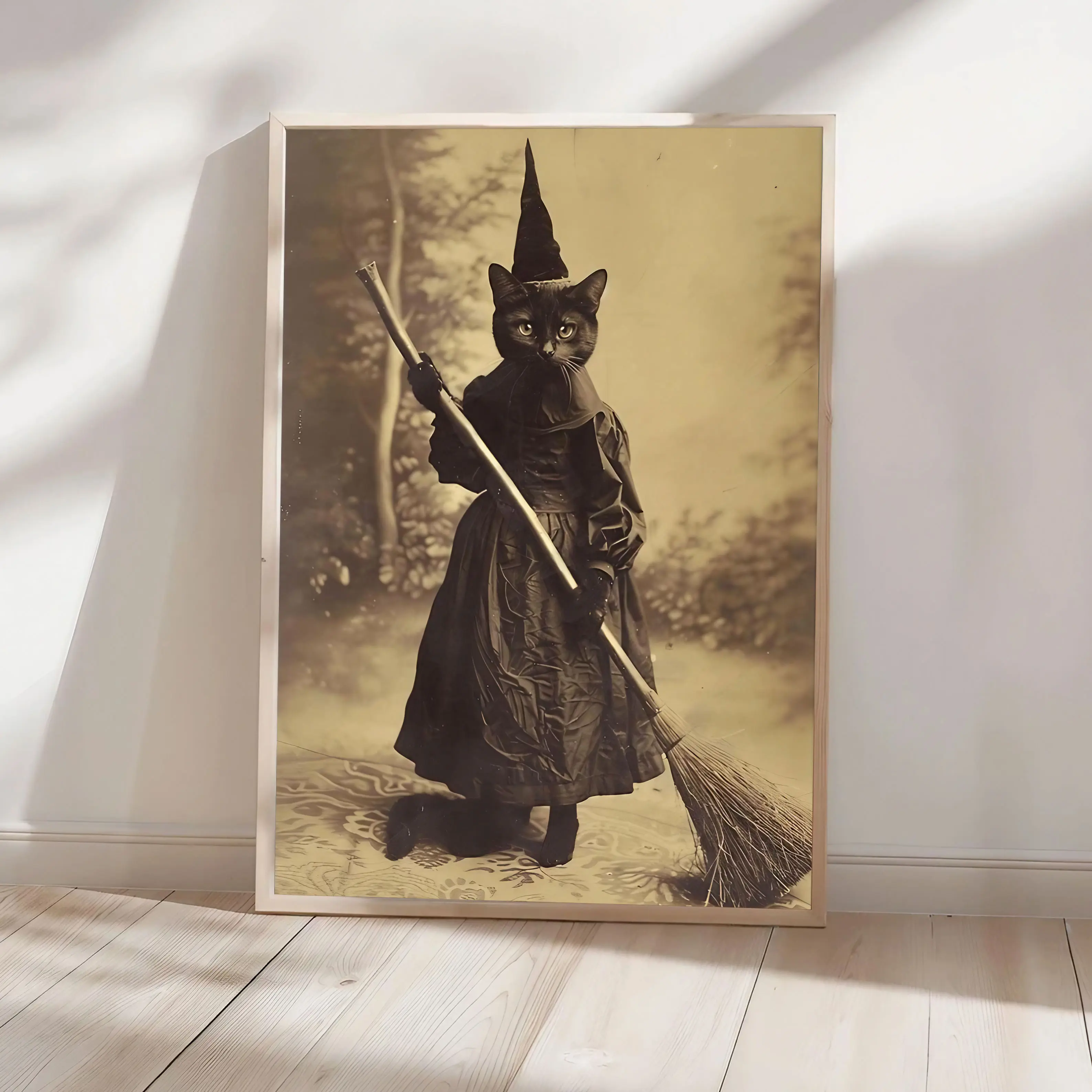 Black Cat Witch Halloween Poster, Spooky Dark academia Print, Gothic Vintage Decor