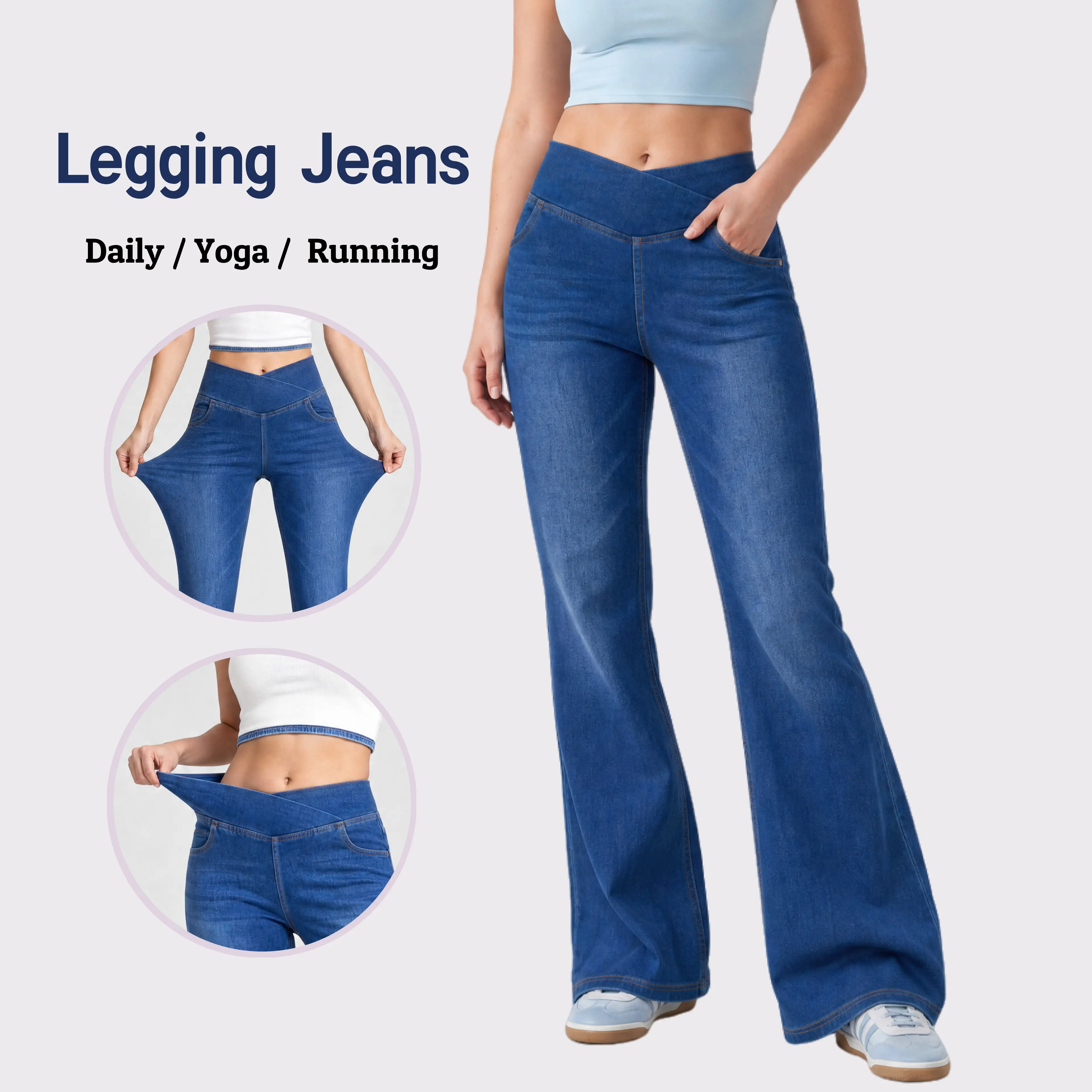 HeeiYoga  Tummy Control High Waisted  Crossover and Pockets, Washed Flare Jeans Jeggings , Denim Leggings, Pants For Women, Elastane