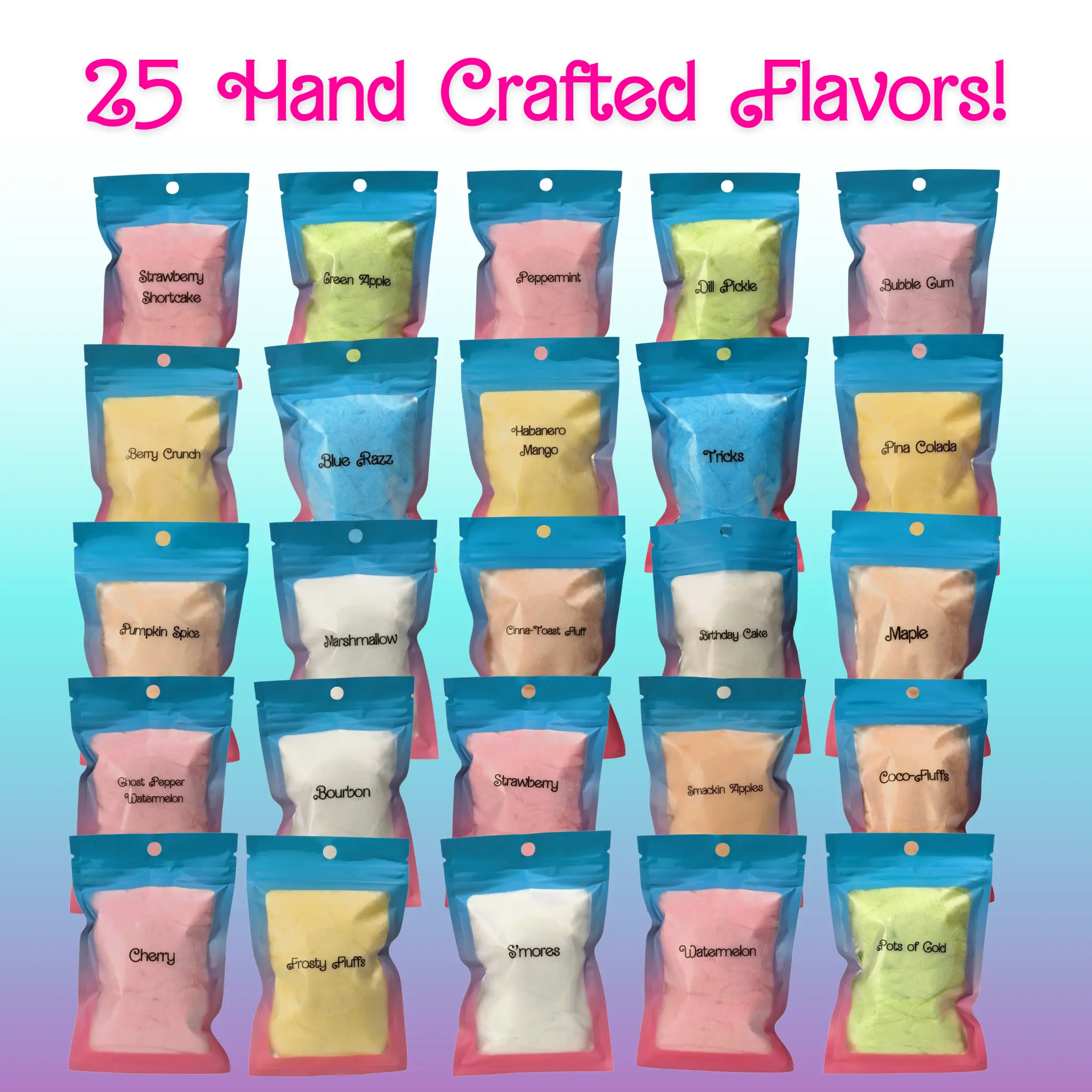 Cloud Candy Co Sample Pack - 25 Cotton Candy Flavors - Sweets, Snacks, Spicy Cherry Strawberry Birthday Bonbon Candies