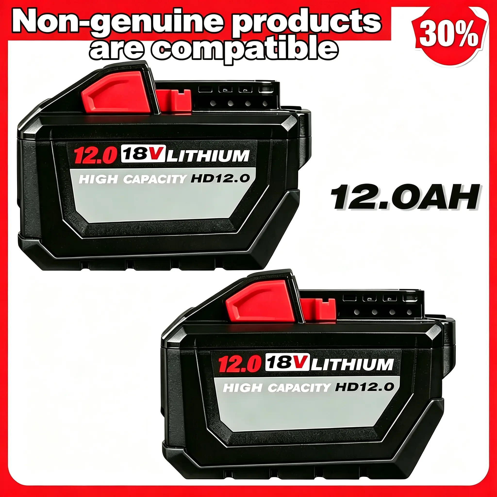 12.0Ah Replacement  for Milwaukee 18V M18 Lithium-Ion Battery, Compatible with 48-11-1850/1860/1880, High Capacity Extended Runtime Battery Pack with LED Indicator & Protection System, 2-Pack