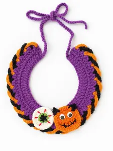Purple Crochet Halloween Collar with Jack-O-Lantern for Cats & Small Dogs - Handmade Halloween Charm Accessory