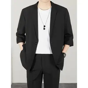 Lightweight Korean men's casual jacket -3/4 sleeves solid color polyester suit jacket, machine washable - Spring and Autumn