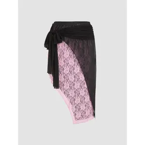 Cider [size 2-10] Middle Waist Lace Floral Bowknot Asymmetrical Midi Skirt