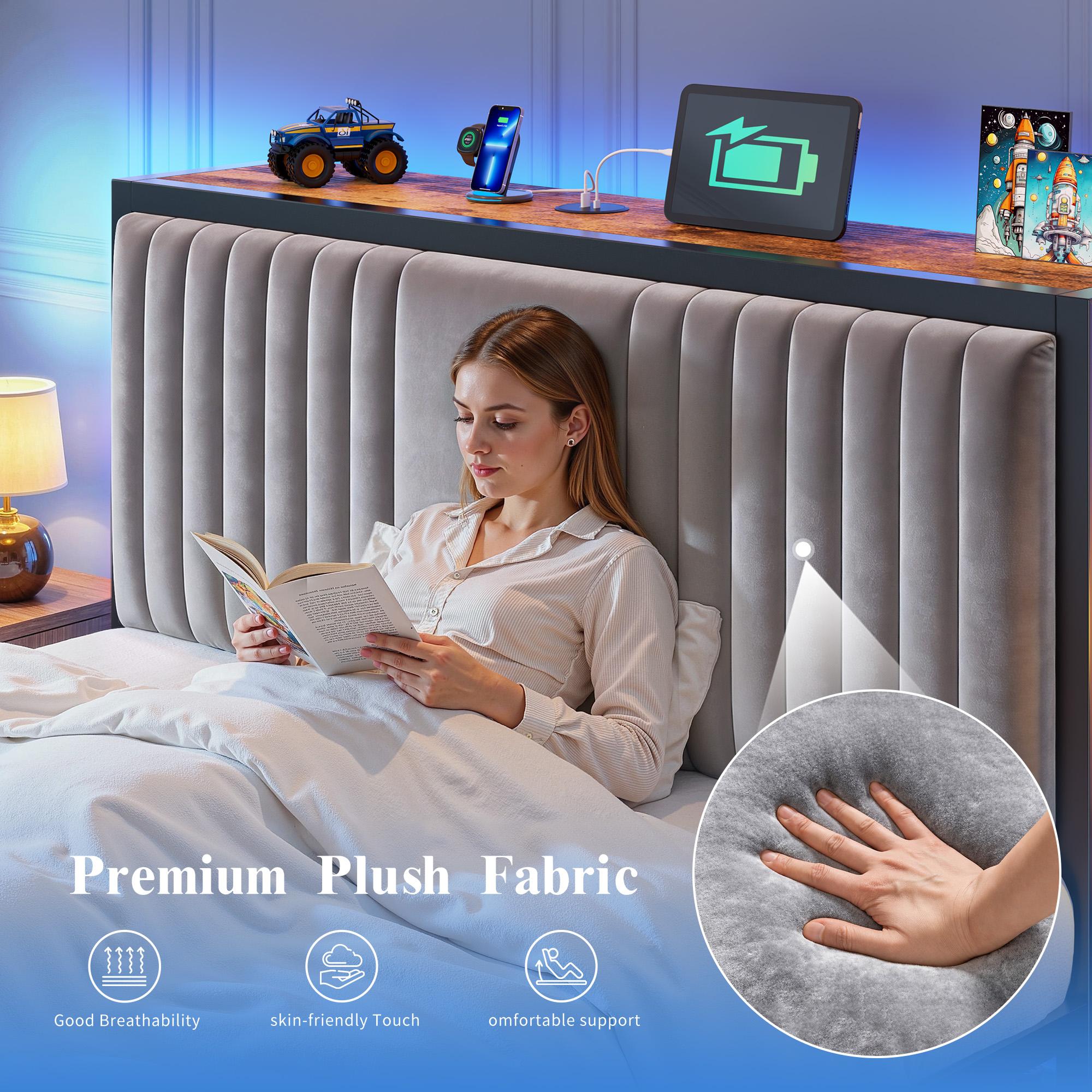 【Storage Bed】Modern King/Queen/Full Size Bed Frame with 5 Storage Fabric Drawers,Luxury Upholstered Platform LED Metal Bed Frame with Built-in Charging Station & Shelf on Headboard,13.39" Under Bed Space for Apartment,Dorms,Attic,Guestroom,838LBS Capacity
