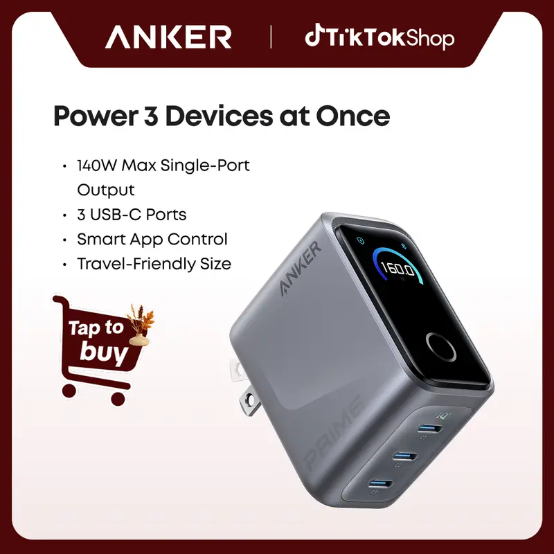 Anker Prime GaN Mobile Charger - 160W 3-Port Compact USB Type-C Fast Charging AC Power Supply Charger Block, Smart Display, Touch Control, 140W Max Single-Port High Output, for MacBook, iPhone 17/16/15 Series, Fathers Day Gift