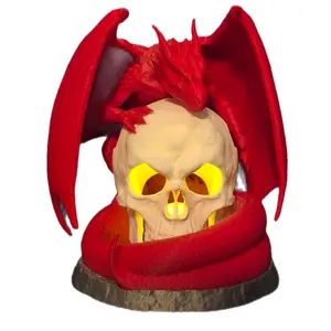 3D Printed Red Dragon with Skull Decor - Tea Light Capable Decoration Lamp