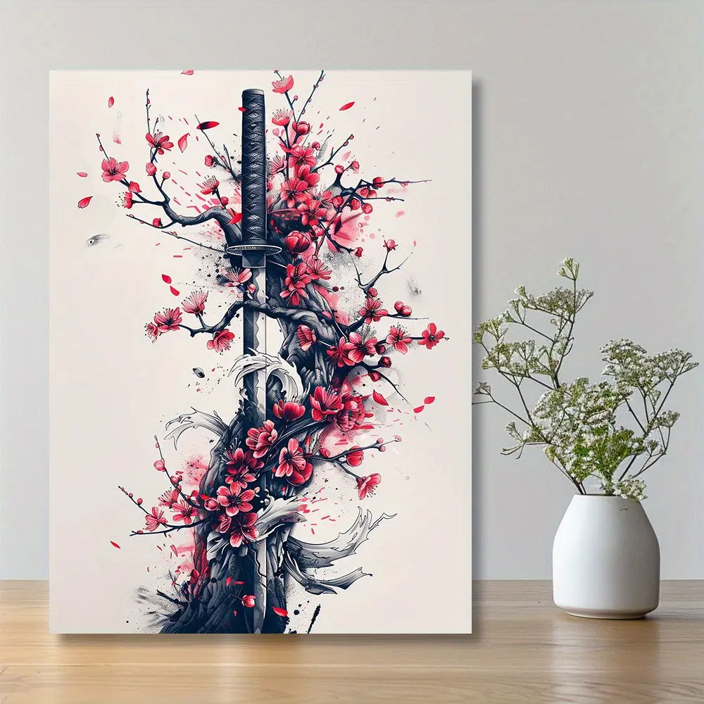 Unframed Japanese-Inspired Samurai Sword & Cherry Blossoms Canvas Print - 40x50in Multi-Size No-Glare Ink Wall Art, Universal Room Decor Printing for Home & Studio