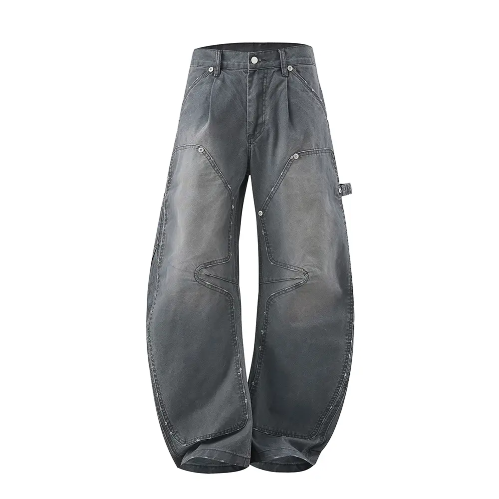 Curved Barrel Banana Wide Leg Jeans, Vintage Faded Wash Denim, Star Shape Stitch Panel Design, Metal Rivet Detailing, Carpenter Hammer Loop, Deconstructed Multi Seam Workwear, Oversized Baggy Relaxed Fit, Y2K Grunge Avant Garde Streetwear Bottoms