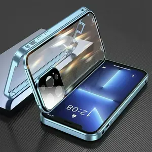 360°Full Protection Metal Magnetic Snap Lock Phone Case For iPhone 16 Pro Max 14 12 13 15 Pro Max Double-Sided Glass Bumper Case
