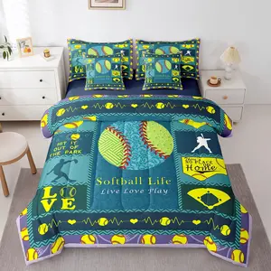 Feelyou 7-Piece Softball Comforter Set with Sheets - Patchwork Grid Bed-in-a-Bag Sports Bedding, Bedding for Teens