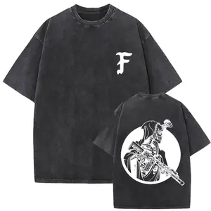 Men's Oversized Washed Vintage Forward Observations Group Skeleton Digital Print Cotton T-Shirt, Round Crew Neck Short-Sleeve Clothes, Menswear Streetwear Unisex Casual Merch