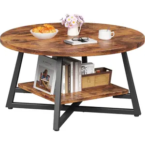 Small round wooden coffee table with storage, modern round center table for living room, home office, small spaces, easy assembly, rustic brown