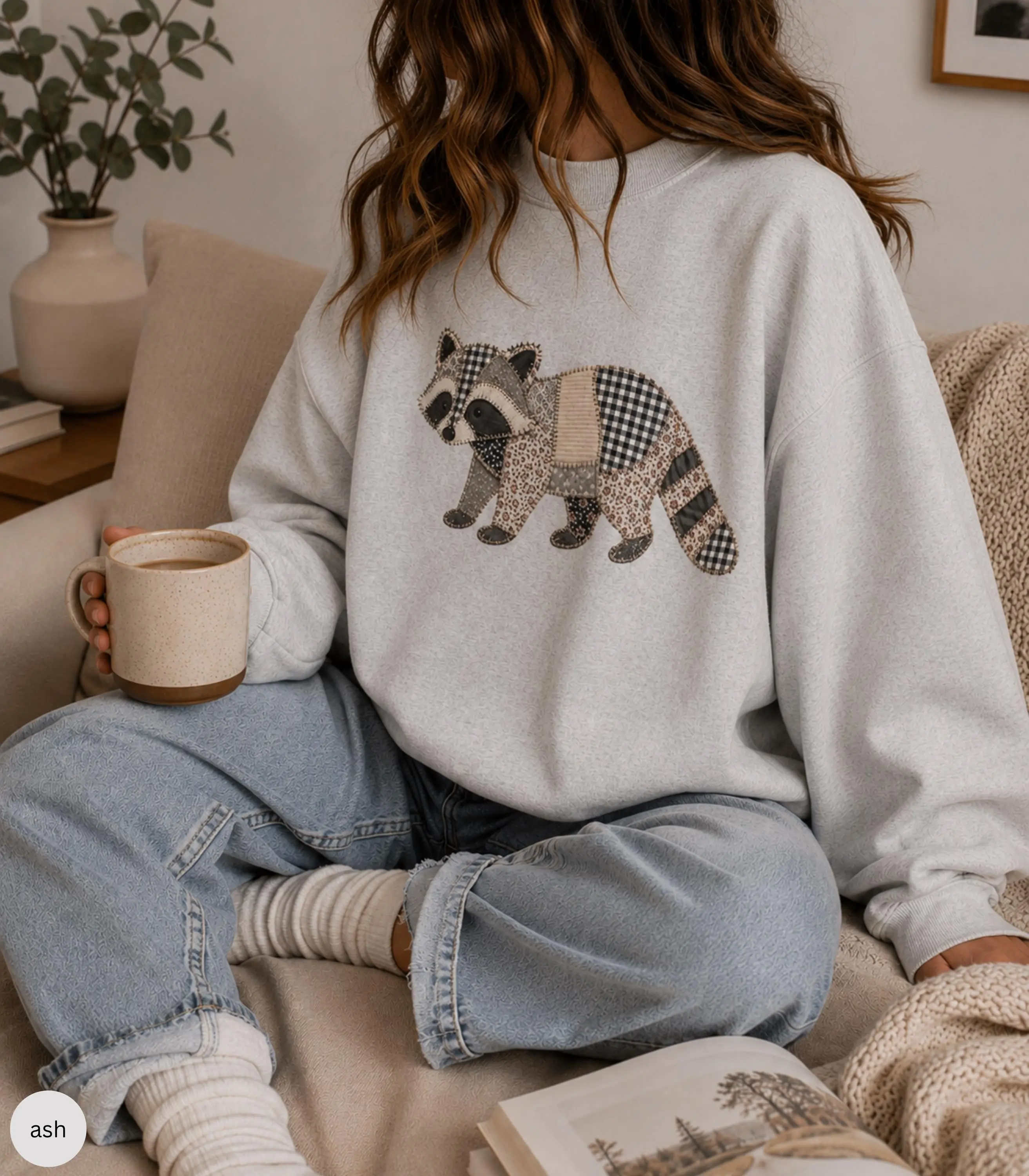 Faux Patchwork Raccoon Sweatshirt, Quilted Tee, Gift for Animal Lover, Aesthetic Cottagecore Sweater, Raccoon gift Megan