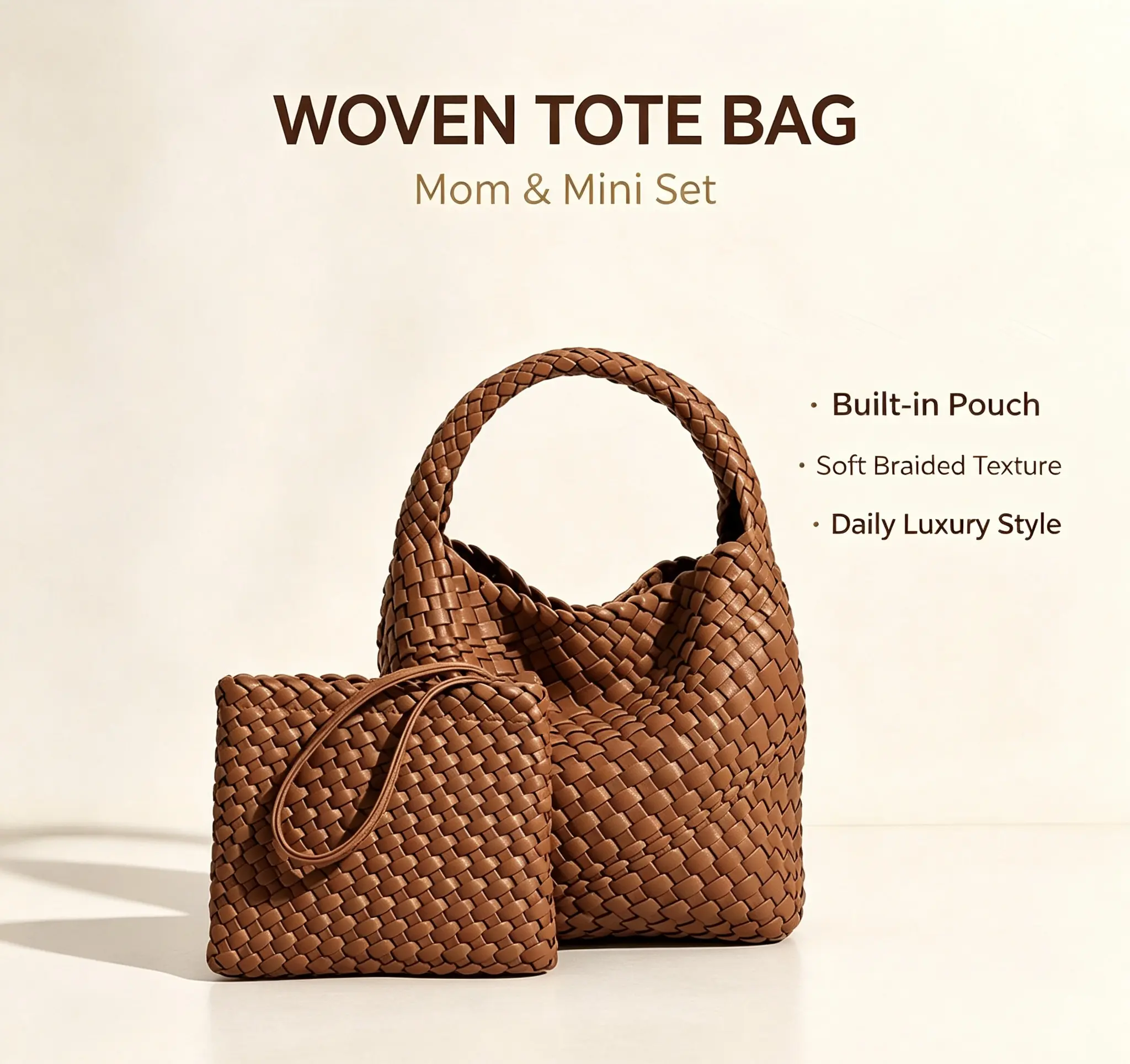 Handbags for Women, Casual Woven Look Vegan Leather Slip On Tote, 2-in-1 Multi-Function Set with Crossbody Pouch, Daily Use, Plain Weave, Handbag Fashion, Weave Handbag