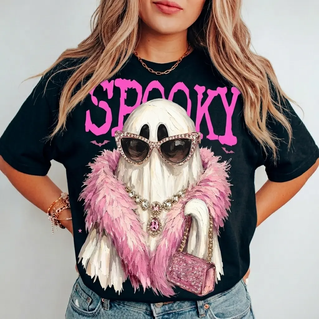 Spooky Coquette Ghost Comfort Colors Shirt, Pink Glam Halloween Graphic Tee, Cute Boujee Ghost Shirt for Women