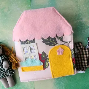 Handmade Fabric Travel Dollhouse with 5.5” Yarn Hair Mini Doll & Extra Outfit – Portable Waldorf Montessori Playset