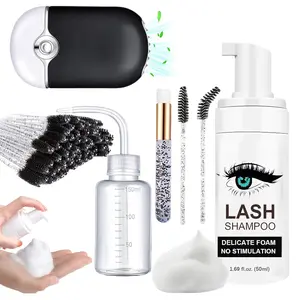 50ml Foaming Lash Shampoo Kit, Oil & Sulfate Free Eyelash Extension Cleanser with USB Lash Fan, 50 Pcs Brushes and Rinse Bottle, Portable Lash Wash Set Black