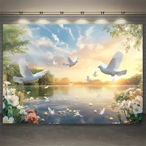 1pc 2D Flat 3D Wallpaper with White Doves Flying in the Sky - Serene Landscape Design for Home Office and Party Decor - Polyester Material No Feathers Use for Living Room Bedroom or Events Cute