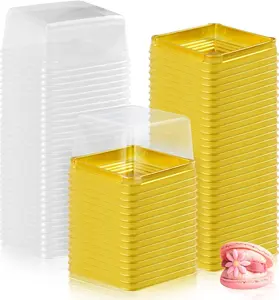 Pack of 100 3" Mini Cupcake Containers Plastic Square Containers with Lids Cupcake Boxes Muffin Pod Dome Muffin Single Individual Container Box for Wedding Birthday Gifts Supplies (Golden)