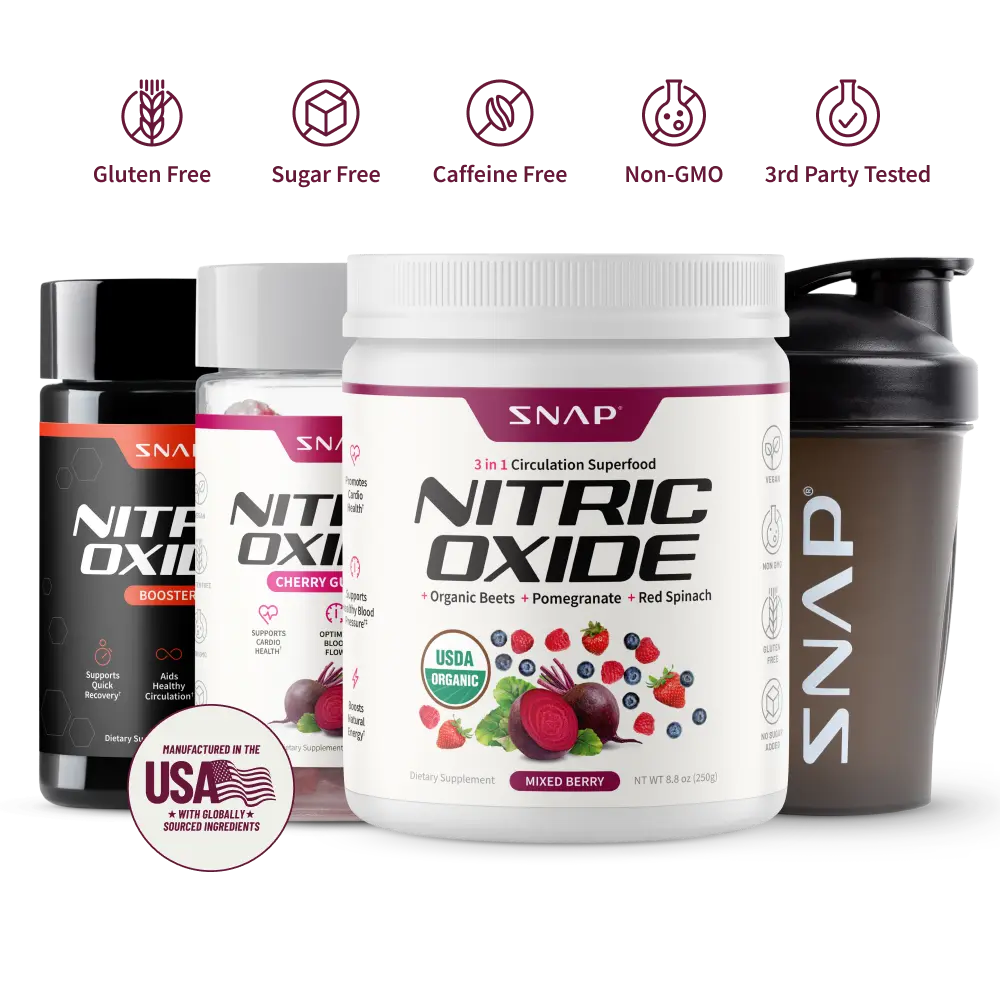 Snap Supplements - Berry Flavor Nitric Oxide Beets + Nitric Oxide Gummies + NO Booser 60ct + Free Shaker (14oz) - Natural Supplement Bundle