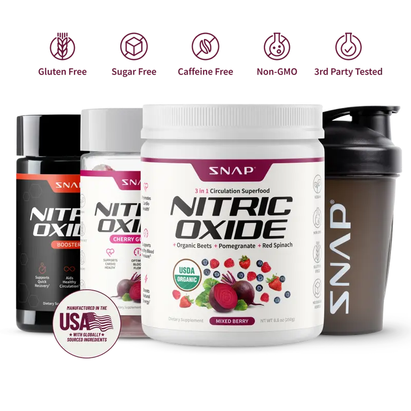 Snap Supplements - Berry Flavor Nitric Oxide Beets + Nitric Oxide Gummies + NO Booser 60ct + Free Shaker (14oz) - Natural Supplement Bundle