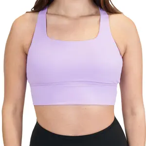 Lilac Longline Bra with Double Strap Cross Back Square Neckline Medium Impact Removable Padding for Summer Sports