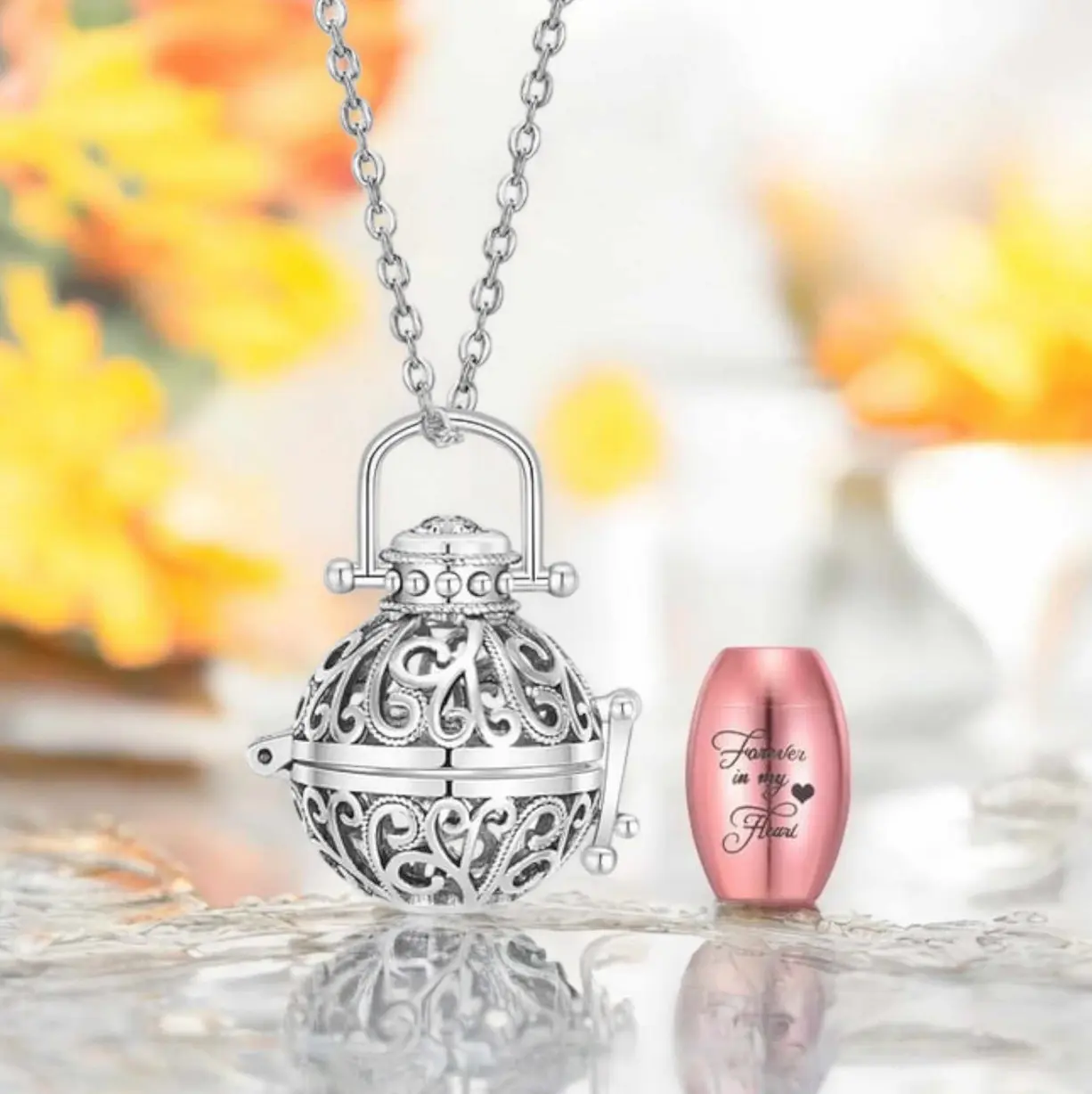 Stainless Steel Cremation Keepsake Hollow Floral Locket Pendant Necklace