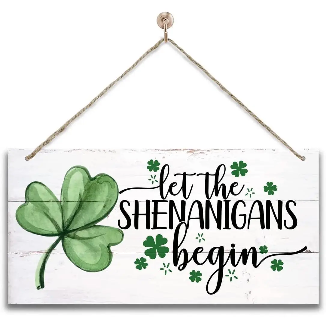 Hanging St. Patrick's Day Wooden Decor - 'Let the Shenanigans Begin' Wall Art, Home & Door Sign, Shamrock Theme Hanging St. Patrick's Day Wooden Decor - 'Let the Shenanigans Begin' Wall Art, Home & Door Sign, Shamrock Theme