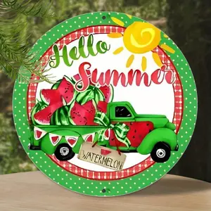 Decorative Signs & PlaquesRetro Round Iron Sign 8X 8 inches Hello Summer Watermelon Truck Wreath Attachment Funny Wall Decor Nostalgic Arts Decor Waterproof Plate Decoration Novelty Decorative Crafts Home Decor Gifts