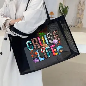 Nylon Mesh Beach Bag with Letter Print, Large Capacity, Waterproof Backpack, Perfect Gift for Friends, Mom, Teacher, Mother's Day Present, Mesh Tote