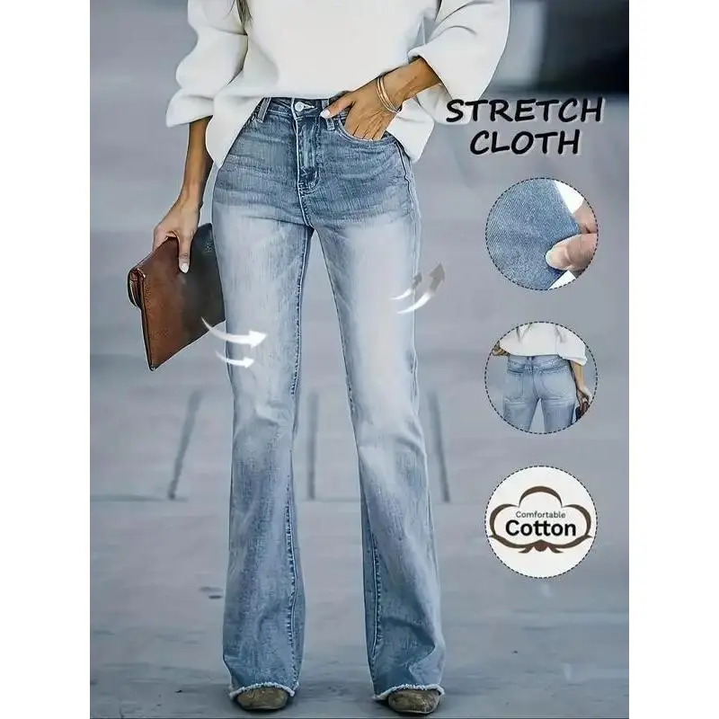 Women's Tailored Fitted Flared Denim Joggers - Elastic Waist, Full Length Long Pants, Button Fly Closure, Pockets, All Seasons Daily Wear, Multi-Size Including XXL