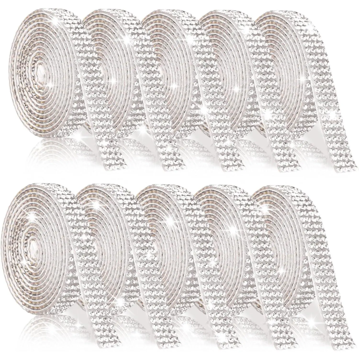 Self Adhesive Rhinestone Ribbon - 10 Rolls 10 Yard Rhinestone Strip - Glitter Bling   Ribbon for DIY Decor, Shoes, Wedding, Party, Crafts - 4 Rhinestones/Row, Sliver