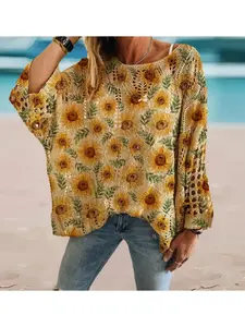 Spring and summer crew neck diamond hollow batwing sleeve knit top, sunflower print loose vacation-style cover-up, casual elegant commuter versatile.