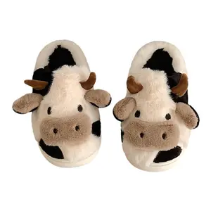 Cow Slippers DIOLV  for Women Cartoon House Slippers Fluffy Cute Animal Slippers Cow Slides Warm Soft Plush Lined Shoe Girl Flipflop Walking Shoes Comfort Girl Flipflop Black And White Footwear