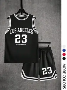 Men's Letter & Number Print Contrast Binding Tank Top & Drawstring Waist Shorts Set, Regular Fit Sleeveless Round Neck Top & Pocket Shorts, Casual Summer Clothes for Outdoor, Jersey Basketball