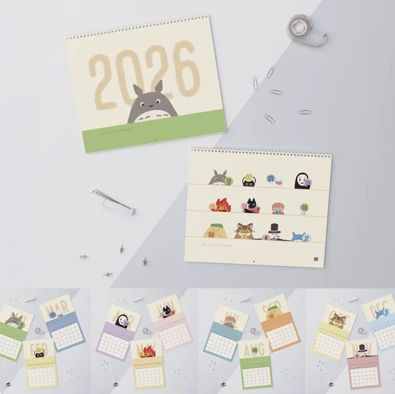 2026 Studio Ghibli Characters Wall Grid Calendar, Fan-Art Studio Ghibli Stationery, Cute gift, Minimalist Japanese Anime, Gifts for Her
