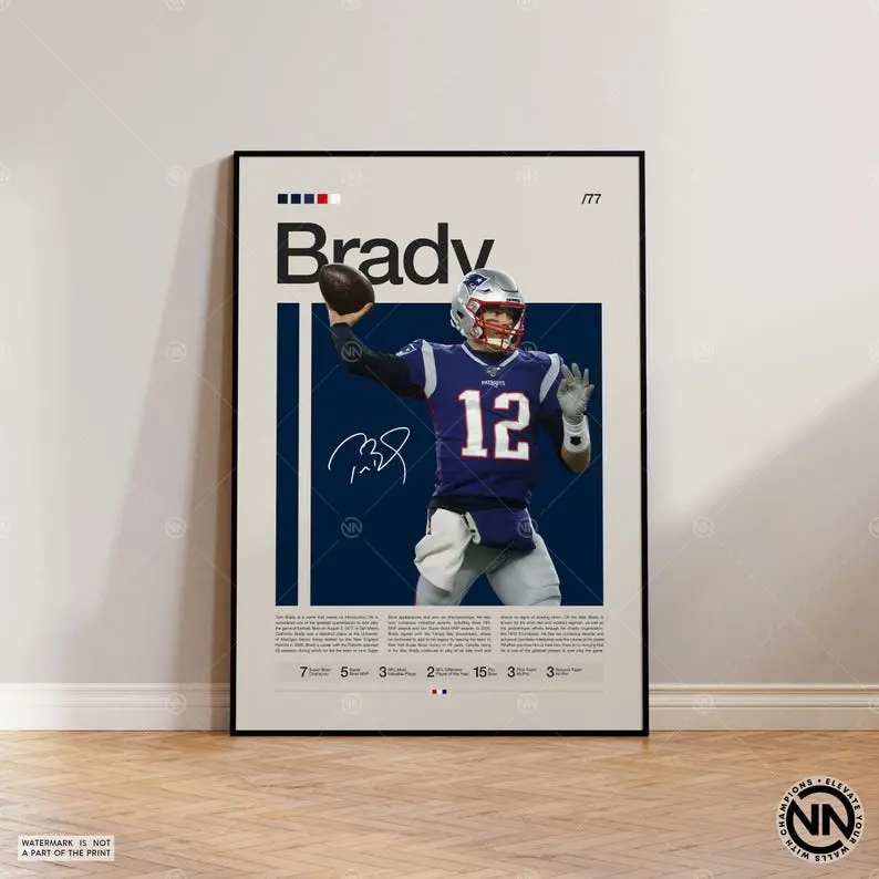 Tom Braddy Poster, New England Print, Sports Poster, Football Poster, Wall Art, Sports Bedroom Posters (NoFrame)