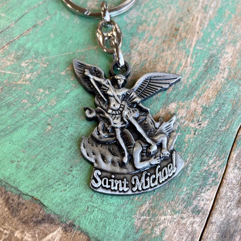Saint Michael Oxidized Keychain with Cross and Eagle Design