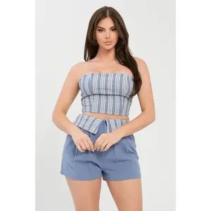 Striped Tube Top and Folded Waist Shorts Set