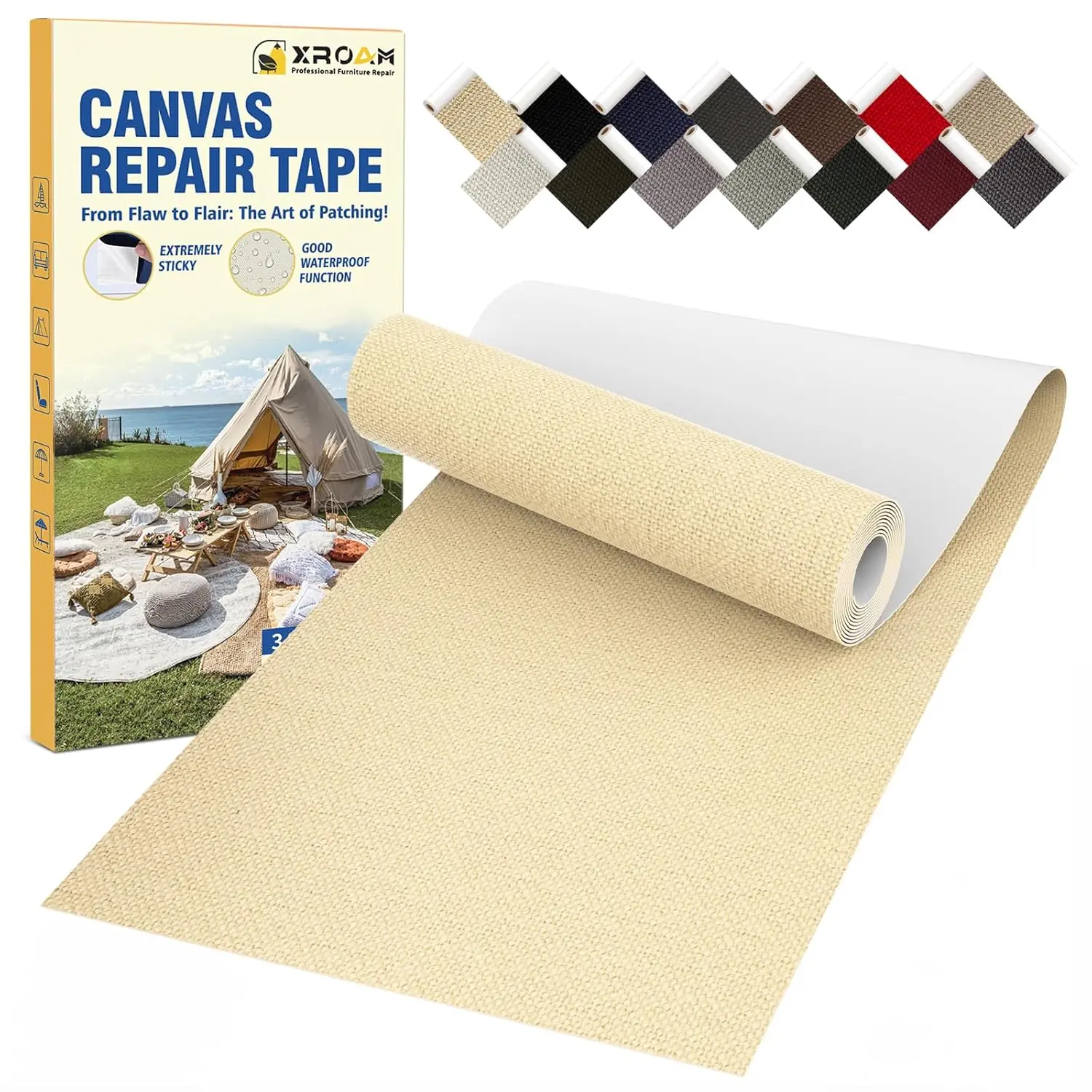 Heavy-Duty Self-Adhesive Fabric Tape Roll, 3.2x63 in, Waterproof Adhesive Tape for Boat Covers, Beige Yellow