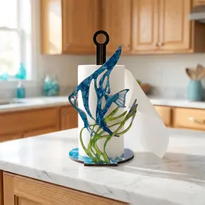 1PC 2D Flat Wooden Ocean Fish Paper Towel Holder Coastal Beach House Kitchen Decor Marine Seaweed Countertop Standing Tissue Roll Organizer Stand Holder