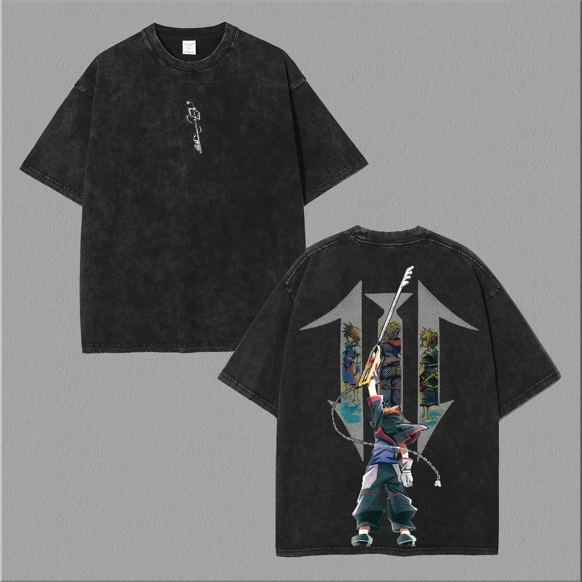 Kingdom Hearts Sora 2-Sided Graphic Tee | Vintage Washed 90s Fit Black Cotton T-Shirt | Retro Gaming Unisex Casual Streetwear Top