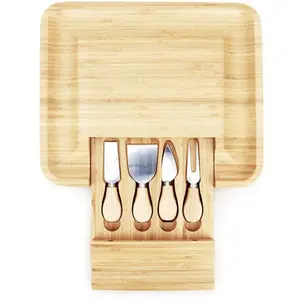 Cheese Board Set - Large Wooden Charcuterie Boards Accessories Set with Narrow and Flat Knives, Cheese Fork, and Small Spade Inside Hidden Drawer
