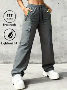 Women's Four-Season Sports Pants - Stretch Adjustable Drawstring Waist + Zipper Pockets, Machine-Washable Gym/Yoga/Hiking Trousers