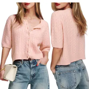 Women’s Cashmere Cardigan - Elegant V-Neck, Ribbed Trim, Lightweight Button-Down Short Sleeve Sweater for Spring Style