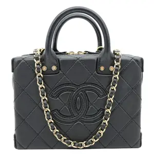 Pre-owned CHANEL Leather Vanity Case Studded Square Quilted Black