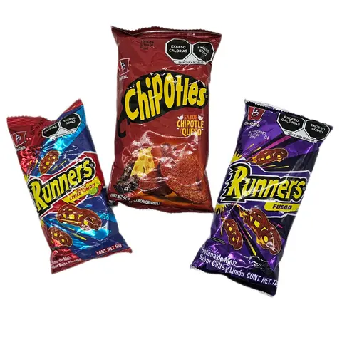 Barcel Chips Runners 58g, Runners Fuego 72g & chipotles 65g  (one bag)