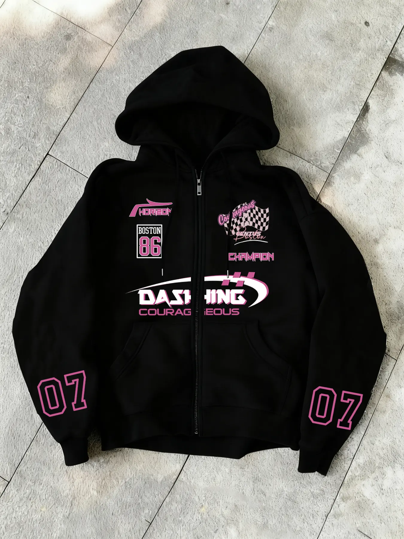Viral Y2K Oversized Zip-Up Hoodie – Black + Hot Pink Edgy Streetwear, Casual Sweatshirts, Fitted Boston 86 + Champion Graphics, Checkered Print, Double 07 Sleeves. Racing Vibe. Trendy Aesthetic Fit for TikTok OOTD Must-Have Streetwear Drop 2025 Fashion