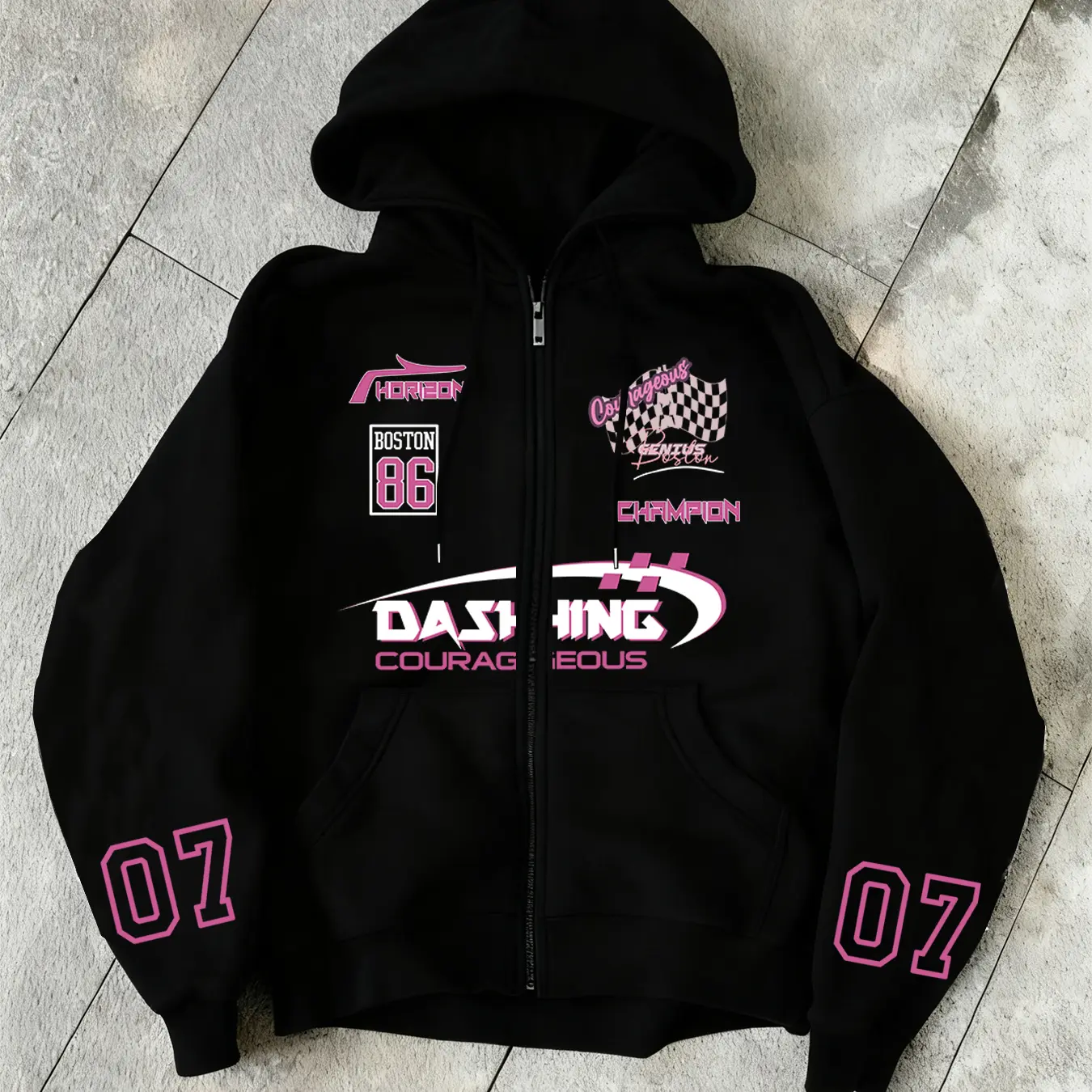 Viral Y2K Oversized Zip-Up Hoodie, Gift Hoodie, Black + Hot Pink