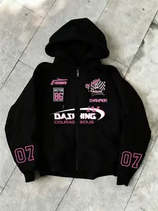 Viral Y2K Oversized Zip-Up Hoodie – Black + Hot Pink Edgy Streetwear! Boston 86 + Champion Graphics, Checkered Print, Double 07 Sleeves. Dashing & Courageous Racing Vibe. Trendy Aesthetic Fit for TikTok OOTD! Must-Have Streetwear Drop 2025